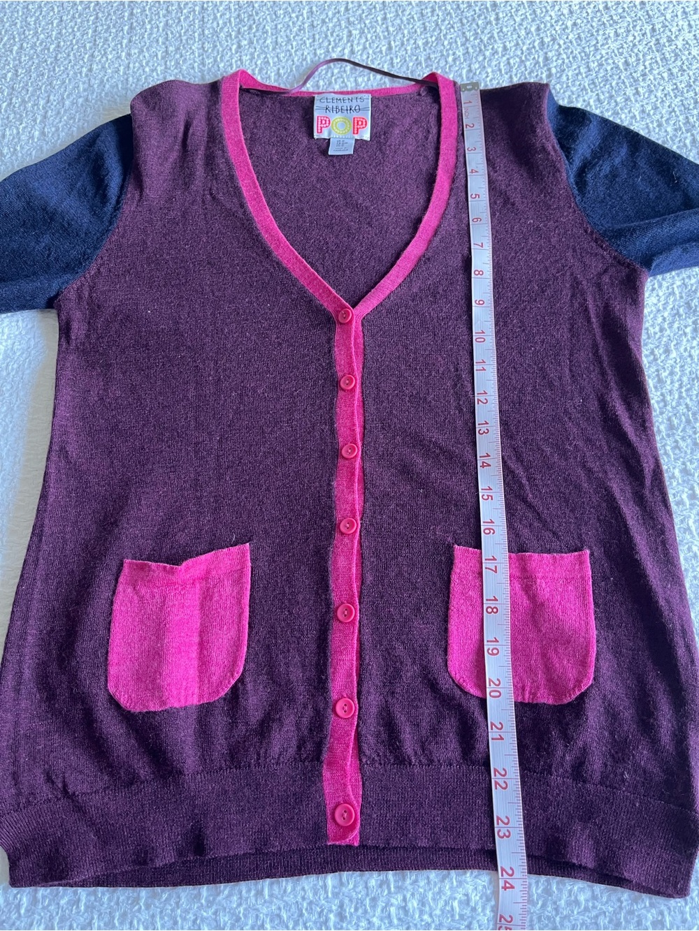 Clements Ribeiro POP Colorblock Woolmark Merino Wool Cardigan Size M Plum - Picture 6 of 12